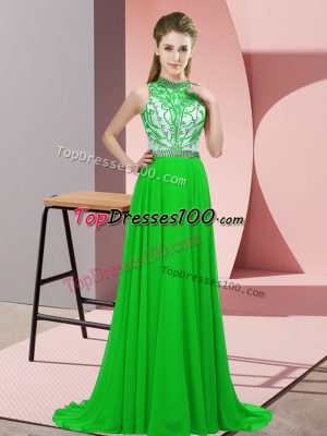 Green Sleeveless Chiffon Brush Train Backless Dress for Prom for Prom and Party