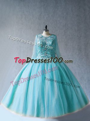 Admirable Aqua Blue Long Sleeves Floor Length Beading Lace Up Sweet 16 Quinceanera Dress
