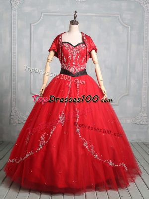 Simple Red Sleeveless Embroidery Floor Length Quinceanera Dress