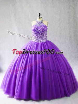 Sleeveless Floor Length Beading Lace Up Quinceanera Dress with Purple
