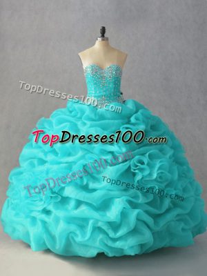 Stylish Sweetheart Sleeveless Lace Up Sweet 16 Quinceanera Dress Aqua Blue Organza