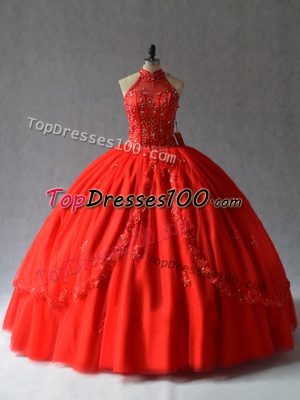 Sleeveless Tulle Floor Length Lace Up Quince Ball Gowns in Red with Appliques