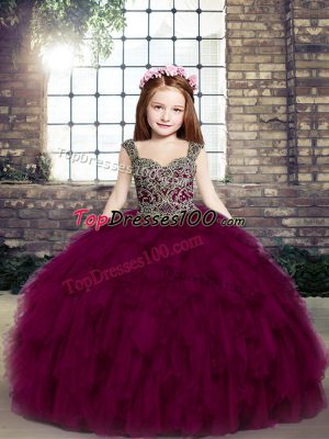 Fuchsia Ball Gowns Beading Glitz Pageant Dress Lace Up Tulle Sleeveless Floor Length