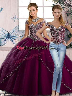 Shining Cap Sleeves Beading Lace Up Vestidos de Quinceanera with Purple Brush Train