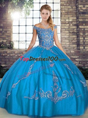 Custom Design Sleeveless Floor Length Beading and Embroidery Lace Up Sweet 16 Dress with Blue