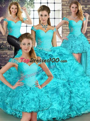 Fashionable Aqua Blue Off The Shoulder Lace Up Beading and Ruffles Quince Ball Gowns Sleeveless