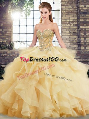 Gold Tulle Lace Up Sweet 16 Quinceanera Dress Sleeveless Brush Train Beading and Ruffles