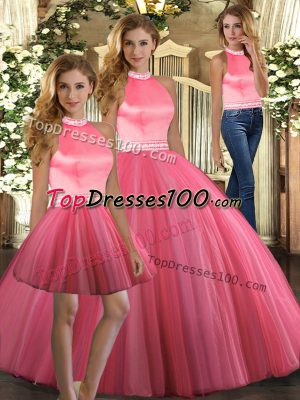 Beading Ball Gown Prom Dress Coral Red Backless Sleeveless Floor Length