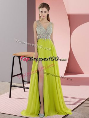 V-neck Sleeveless Dress for Prom Sweep Train Beading Yellow Green Chiffon