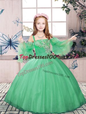 Beautiful Tulle Straps Sleeveless Lace Up Beading Little Girl Pageant Gowns in Green