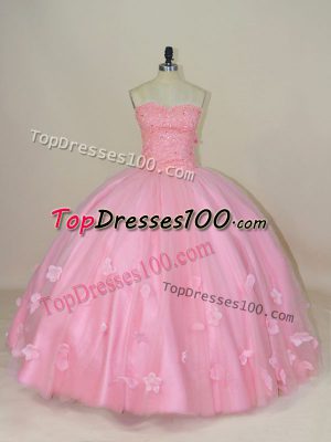 Glorious Tulle Sweetheart Sleeveless Lace Up Beading and Hand Made Flower Quince Ball Gowns in Baby Pink