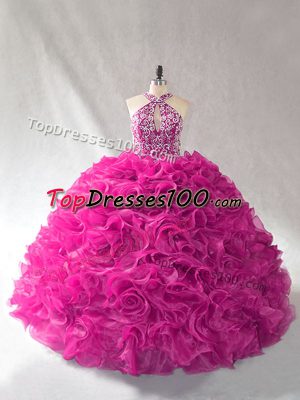 Fabulous Halter Top Sleeveless Sweet 16 Dresses Brush Train Beading and Ruffles Fuchsia Organza