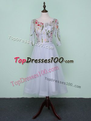 Simple Tulle Scoop Half Sleeves Lace Up Embroidery Wedding Party Dress in Grey