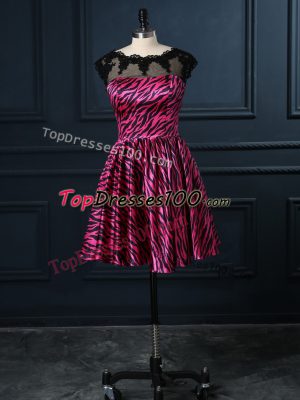 Cheap Hot Pink Backless Prom Evening Gown Lace Cap Sleeves Mini Length