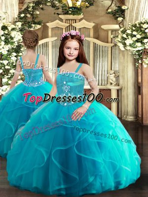 Baby Blue Straps Neckline Beading and Ruffles Little Girls Pageant Dress Sleeveless Lace Up