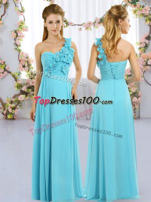 Empire Bridesmaid Dresses Aqua Blue One Shoulder Chiffon Sleeveless Floor Length Lace Up