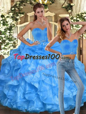 Glittering Baby Blue Organza Lace Up Sweetheart Sleeveless Floor Length 15th Birthday Dress Ruffles