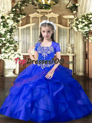 Royal Blue Tulle Lace Up Straps Sleeveless Floor Length Girls Pageant Dresses Beading and Ruffles