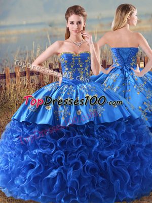 Royal Blue Lace Up Sweetheart Embroidery and Ruffles Quinceanera Gown Fabric With Rolling Flowers Sleeveless Brush Train