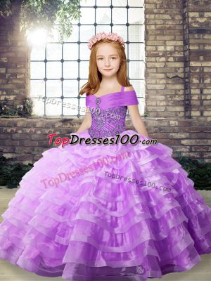 Lilac Organza Lace Up Little Girls Pageant Dress Wholesale Sleeveless Brush Train Beading and Ruffled Layers