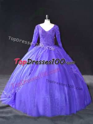 Extravagant Tulle V-neck Long Sleeves Lace Up Lace and Appliques Ball Gown Prom Dress in Purple