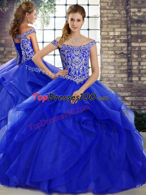 Customized Beading and Ruffles Quinceanera Dress Royal Blue Lace Up Sleeveless Brush Train