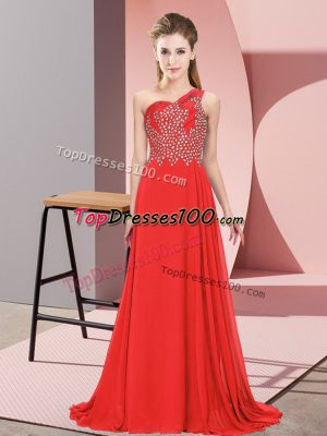 Excellent Sleeveless Floor Length Beading Side Zipper Prom Evening Gown with Orange Red