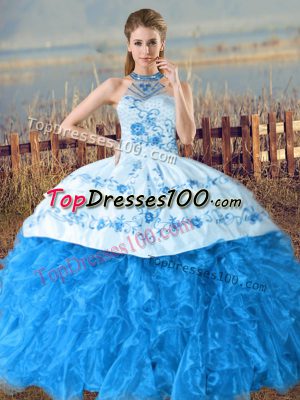 Modern Baby Blue Ball Gowns Halter Top Sleeveless Organza Court Train Lace Up Embroidery and Ruffles Sweet 16 Dresses