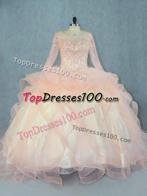 Floor Length Lace Up Vestidos de Quinceanera Peach for Sweet 16 and Quinceanera with Beading and Ruffles