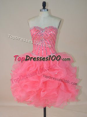 Sweetheart Sleeveless Dress for Prom Mini Length Beading and Ruffles Watermelon Red Organza