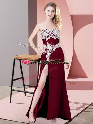 Eye-catching Burgundy Column/Sheath Chiffon Sweetheart Sleeveless Lace and Appliques Floor Length Zipper Evening Dress