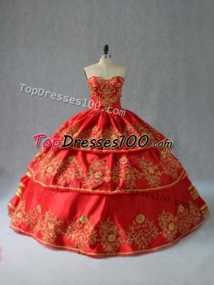 Gorgeous Floor Length Red Quinceanera Dresses Satin Sleeveless Embroidery and Ruffled Layers