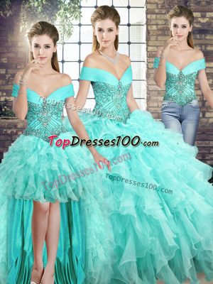 Cute Three Pieces Sleeveless Aqua Blue Quinceanera Dress Brush Train Lace Up