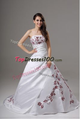 Luxurious White Strapless Neckline Embroidery Wedding Gowns Sleeveless Lace Up
