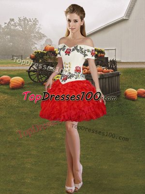 Sleeveless Organza Mini Length Lace Up Evening Dress in Red with Embroidery and Ruffles