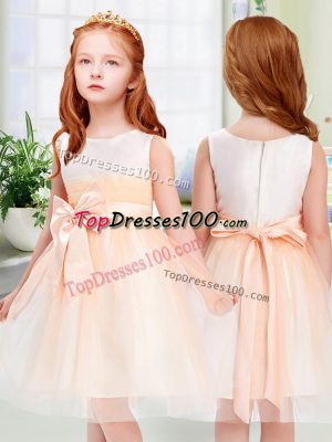 Graceful Peach Tulle Zipper Flower Girl Dresses for Less Sleeveless Knee Length Bowknot
