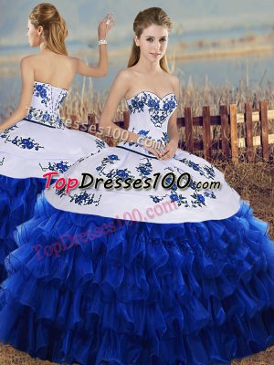 Royal Blue Sleeveless Floor Length Embroidery and Ruffled Layers Lace Up Sweet 16 Dress
