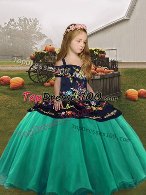Cheap Turquoise Ball Gowns Embroidery Little Girl Pageant Dress Lace Up Organza Sleeveless Floor Length