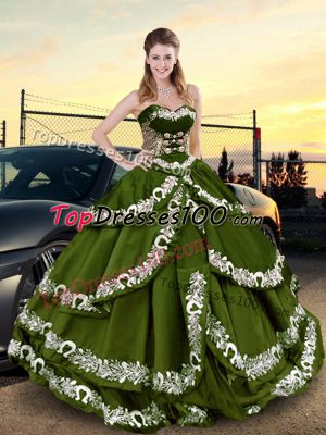 Olive Green Ball Gown Prom Dress Sweet 16 and Quinceanera with Embroidery and Ruffled Layers Sweetheart Sleeveless Lace Up