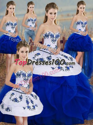 Royal Blue Sleeveless Floor Length Embroidery and Ruffles and Bowknot Lace Up 15 Quinceanera Dress