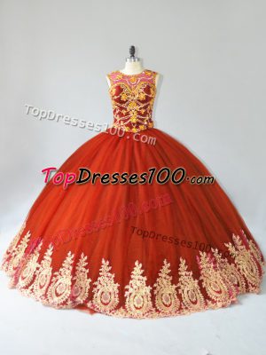 Fancy Rust Red Sleeveless Floor Length Appliques Lace Up 15th Birthday Dress