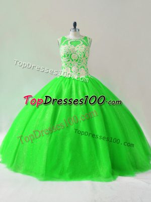 Green Lace Up Scoop Beading Quinceanera Gown Tulle Sleeveless