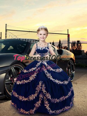 Embroidery High School Pageant Dress Navy Blue Lace Up Sleeveless Floor Length