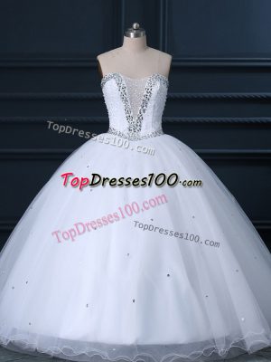 Sweetheart Sleeveless Tulle Wedding Dresses Beading Brush Train Lace Up