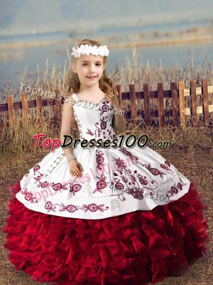Wine Red Ball Gowns Organza Straps Sleeveless Embroidery and Ruffles Floor Length Lace Up Pageant Dress Womens
