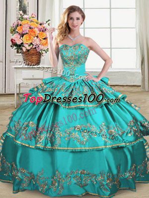 Aqua Blue Lace Up Sweetheart Embroidery and Ruffled Layers Sweet 16 Dress Satin and Organza Sleeveless