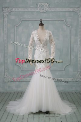 New Arrival Tulle Long Sleeves Wedding Gown Brush Train and Lace