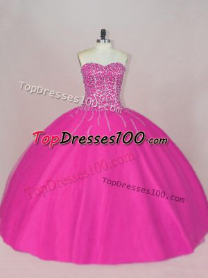 Dazzling Asymmetrical Fuchsia Ball Gown Prom Dress Tulle Sleeveless Beading