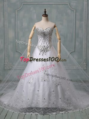Stylish Lace Up Wedding Gown White for Wedding Party with Beading and Lace Chapel Train