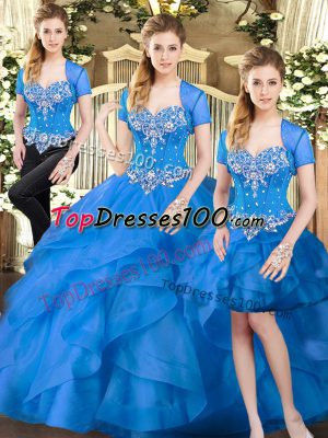 Floor Length Three Pieces Sleeveless Blue Sweet 16 Dresses Lace Up